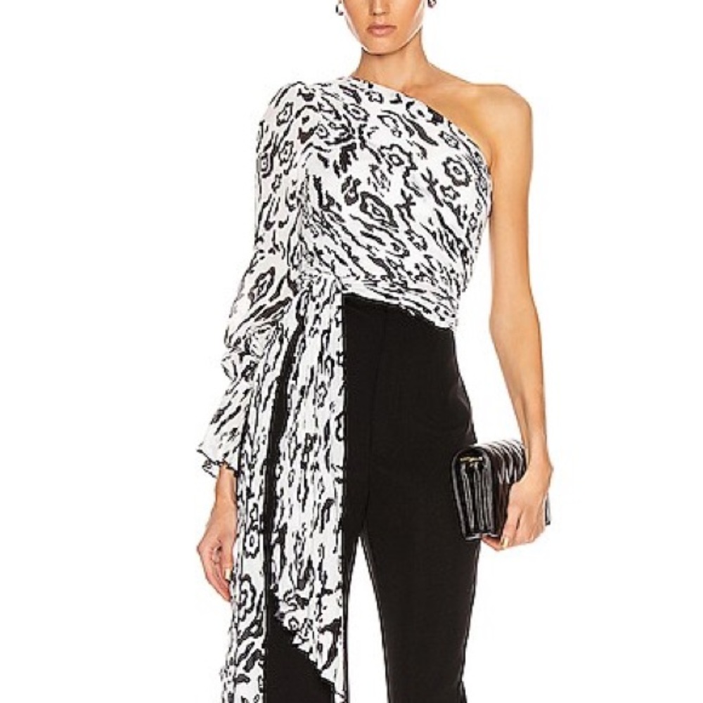 Self-Portrait Black and White One-Shoulder Blouse